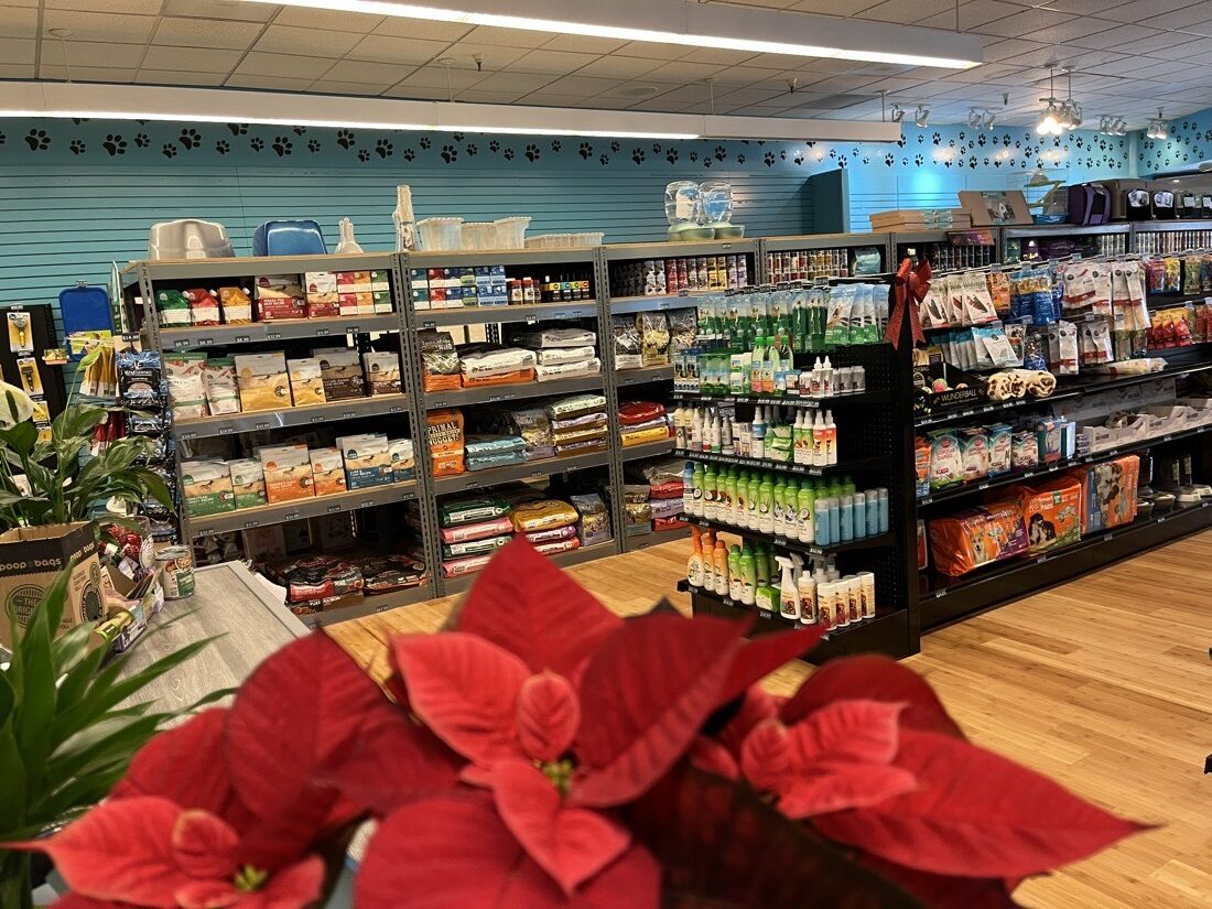 Pet food and supplies on store shelves