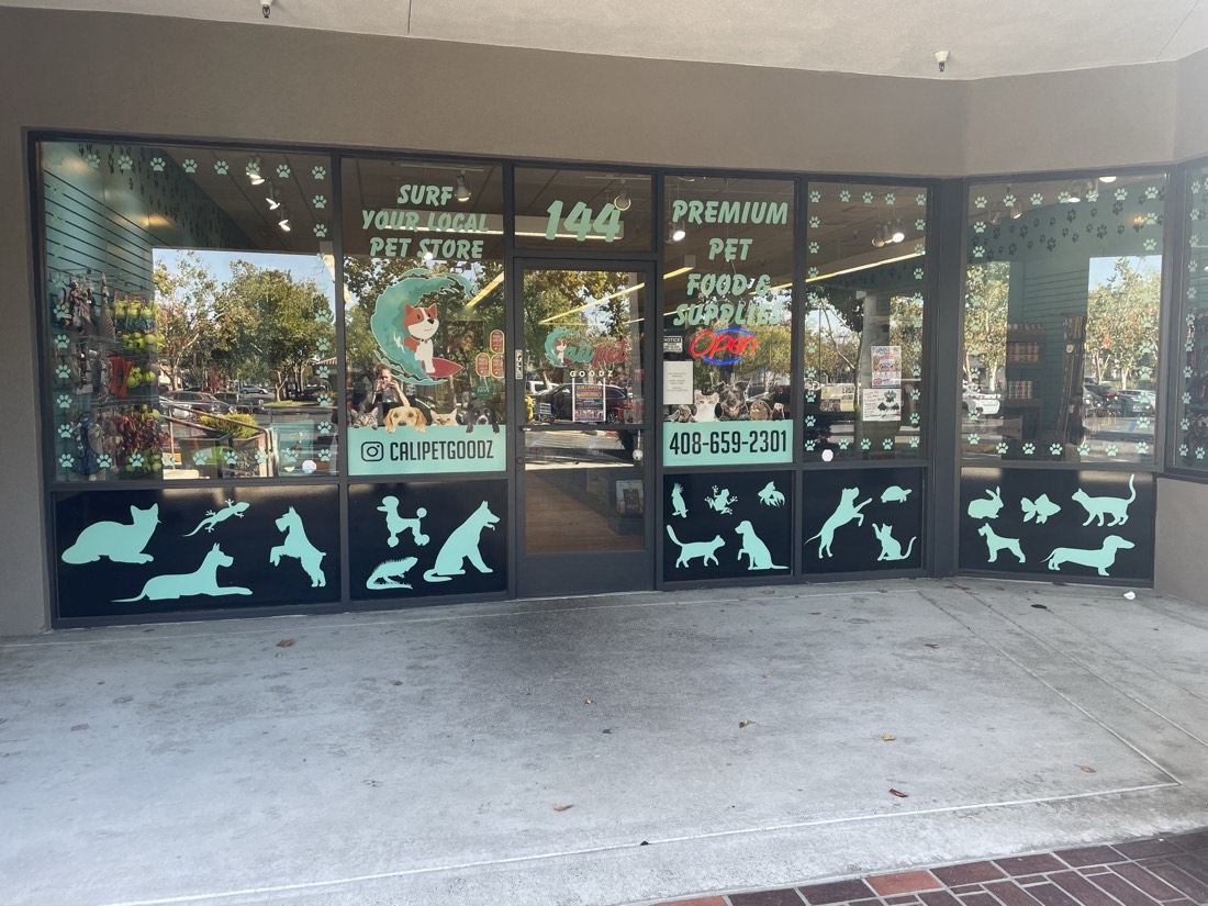 Morgan Hill storefront entrance and window graphics